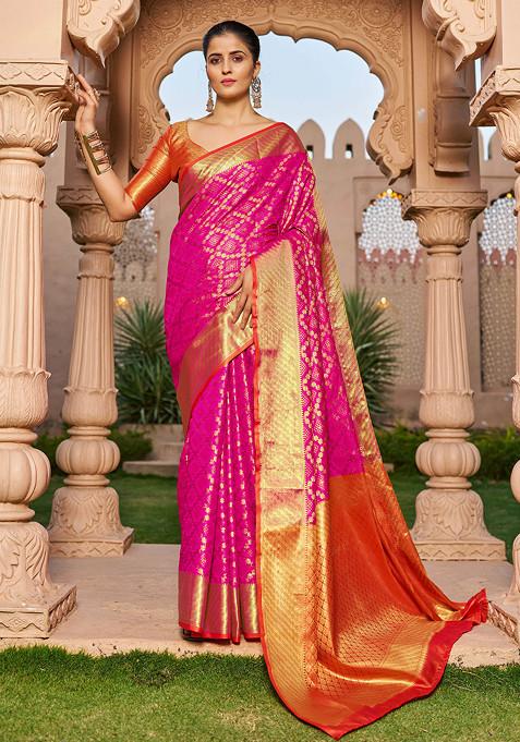 Pink Zari Woven Work Patola Silk Blend Saree Set