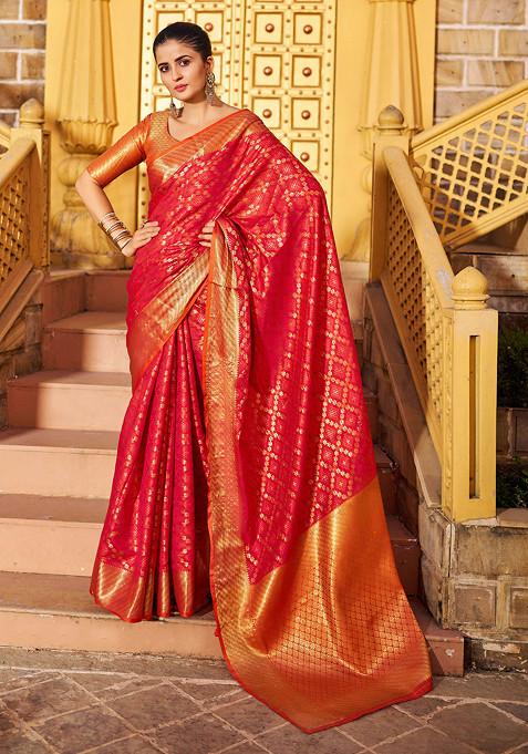 Red Zari Woven Work Patola Silk Blend Saree Set