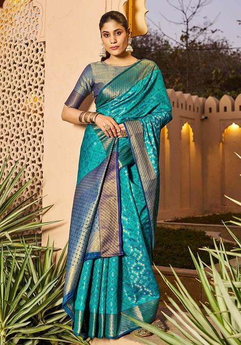 Teal Zari Woven Work Patola Silk Blend Saree Set