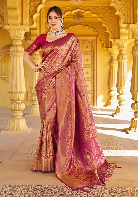 Red Zari Woven Work Banarasi Silk Blend Saree Set