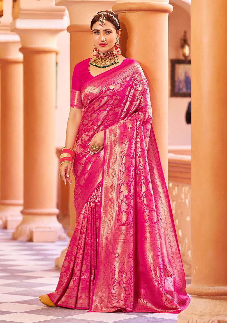 Pink Zari Woven Work Blend Banarasi Silk Saree Set for Diwali | Wedding & Festive Wear - Indya