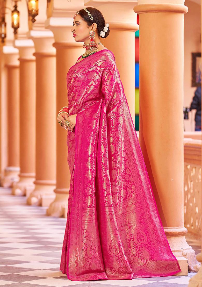 Pink Zari Woven Work Banarasi Silk Blend Saree Set