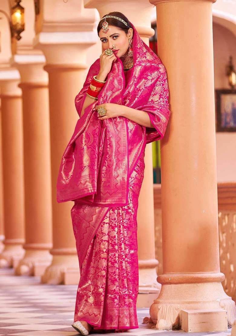 Pink Zari Woven Work Blend Banarasi Silk Saree Set for Diwali | Wedding & Festive Wear - Indya