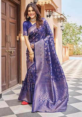 Navy Zari Woven Work Banarasi Silk Blend Saree Set