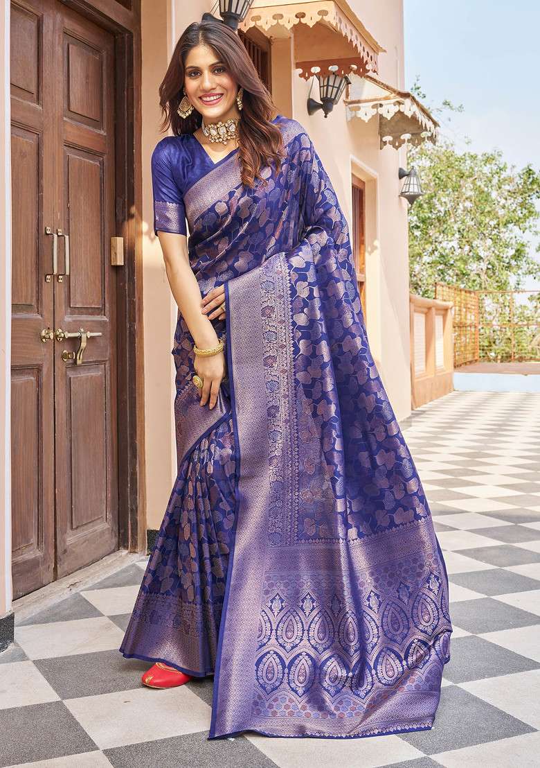 Navy Zari Woven Work Blend Banarasi Silk Saree Set for Diwali | Wedding & Festive Wear - Indya