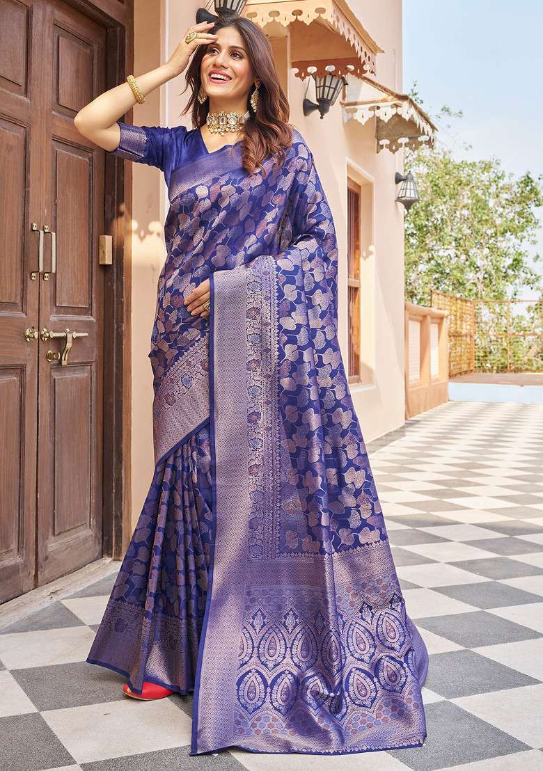 Navy Zari Woven Work Blend Banarasi Silk Saree Set for Diwali | Wedding & Festive Wear - Indya