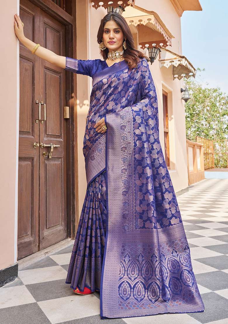 Navy Zari Woven Work Blend Banarasi Silk Saree Set for Diwali | Wedding & Festive Wear - Indya
