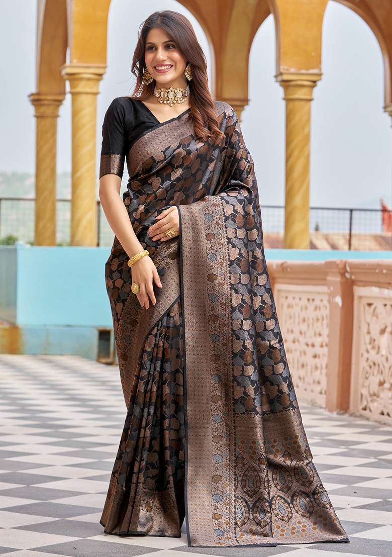 Black Zari Woven Work Blend Banarasi Silk Saree Set for Diwali | Wedding & Festive Wear - Indya