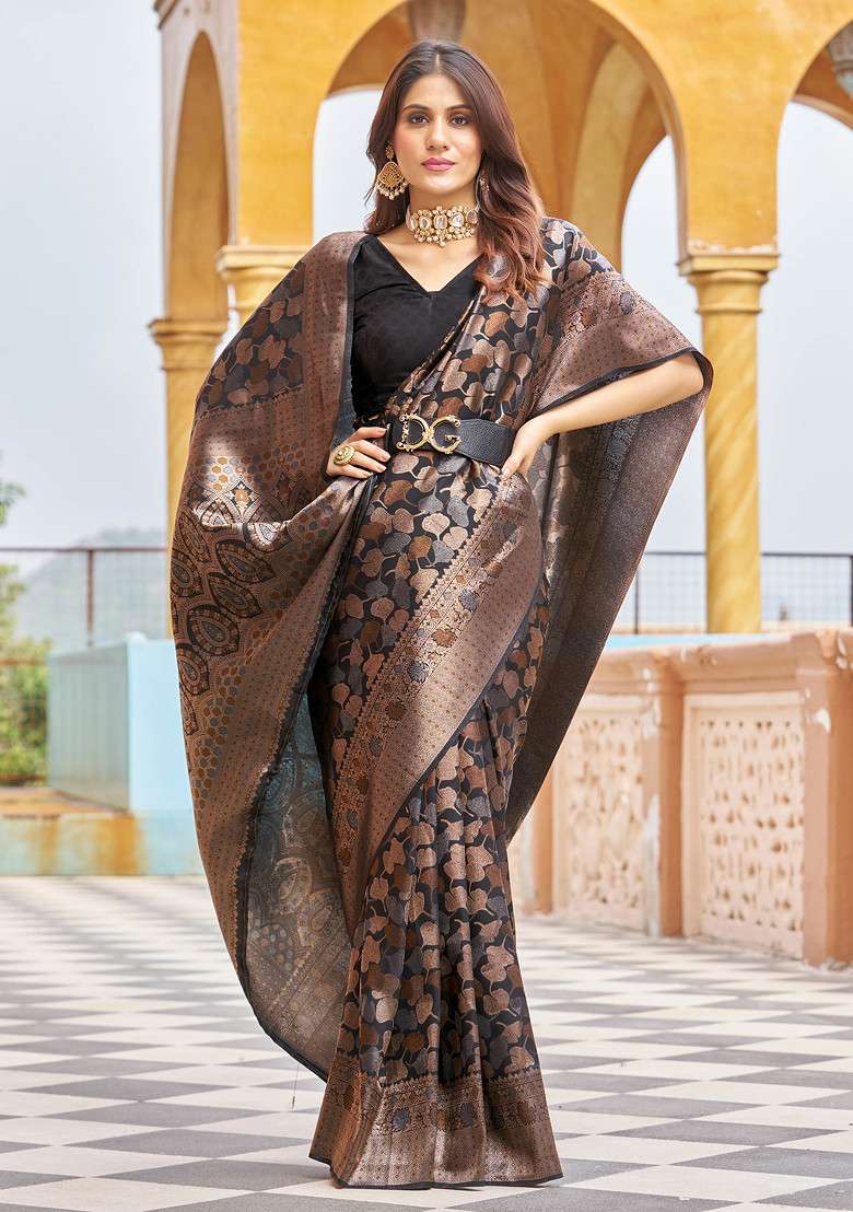 Black Zari Woven Work Blend Banarasi Silk Saree Set for Diwali | Wedding & Festive Wear - Indya