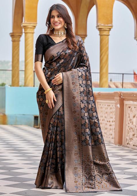 Black Zari Woven Work Banarasi Silk Blend Saree Set