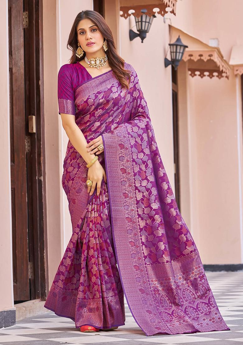 Wine Zari Woven Work Banarasi Silk Blend Saree Set