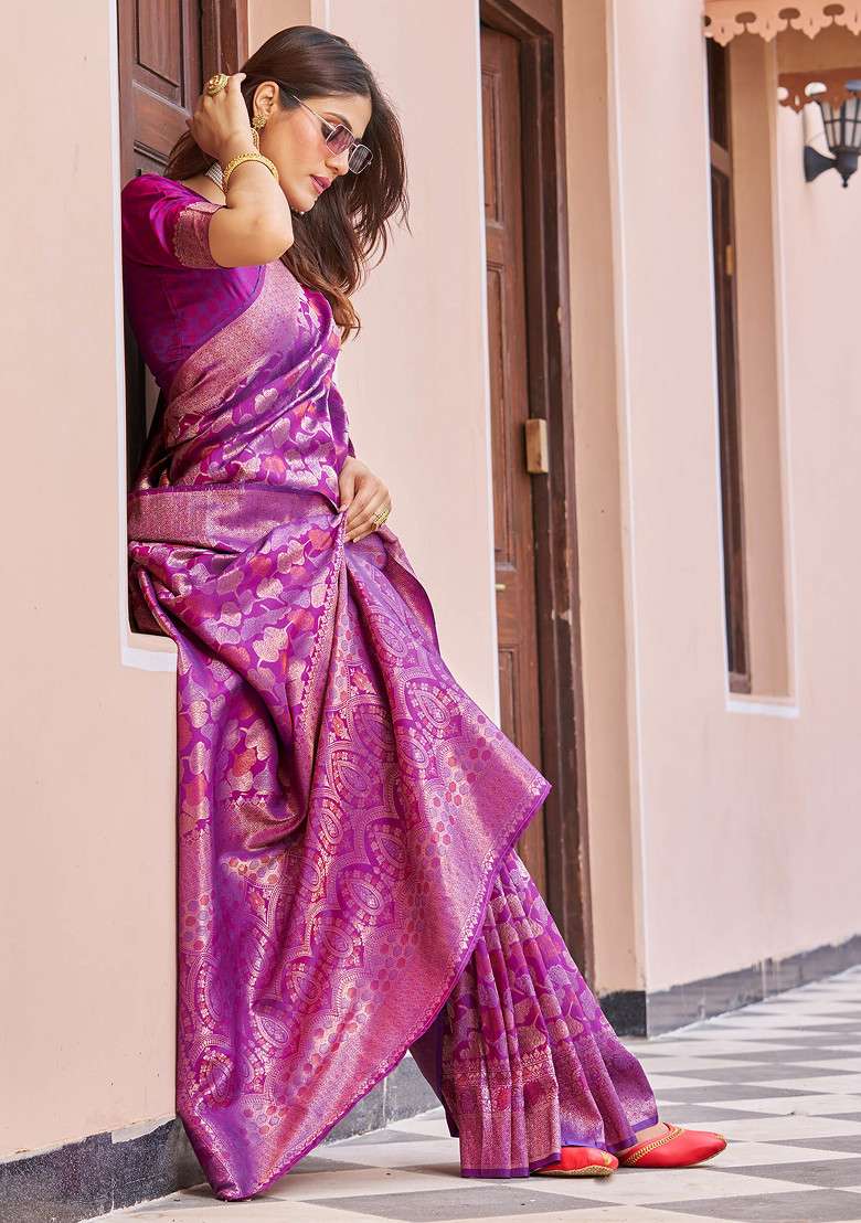 Wine Zari Woven Work Blend Banarasi Silk Saree Set for Diwali | Wedding & Festive Wear - Indya