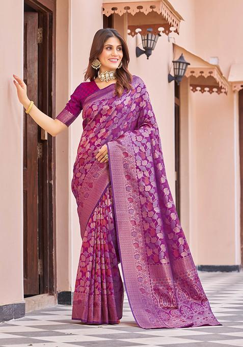 Wine Zari Woven Work Banarasi Silk Blend Saree Set