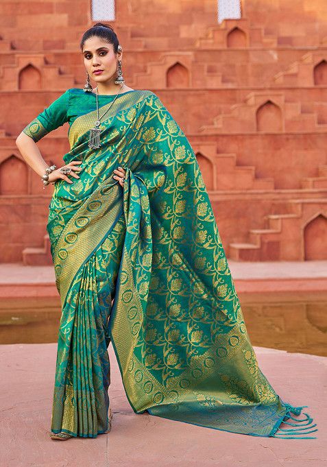 Green Zari Woven Work Banarasi Silk Blend Saree Set