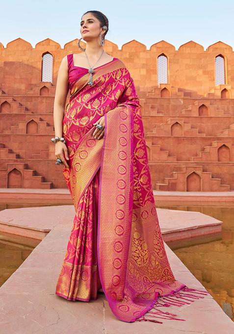 Pink Zari Woven Work Banarasi Silk Blend Saree Set