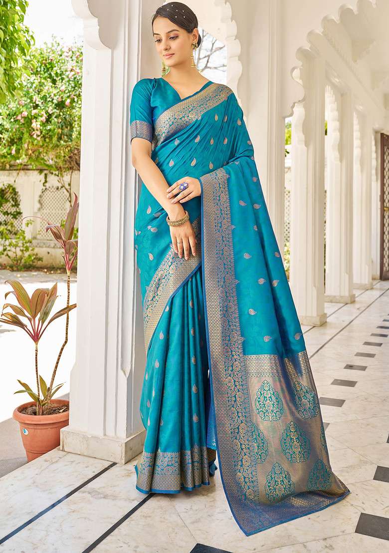 Blue Zari Woven Banarasi Silk Cotton Saree Set for Diwali | Wedding & Festive Wear - Indya