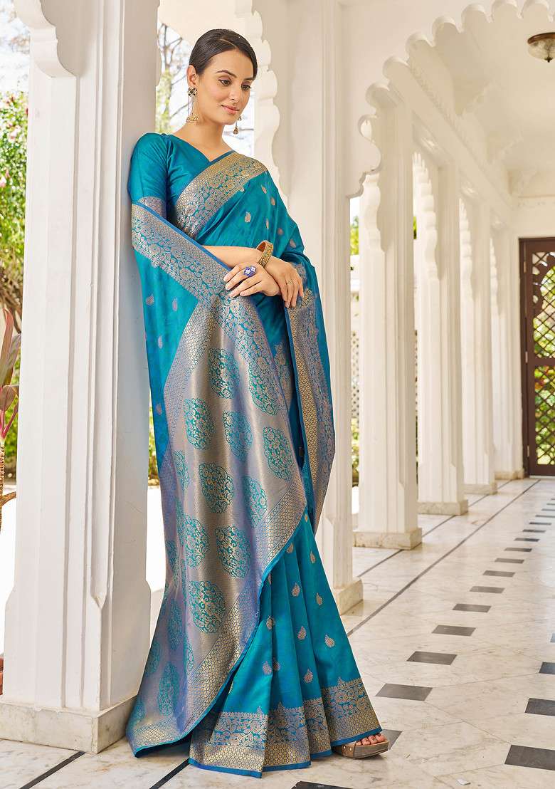 Blue Zari Woven Banarasi Silk Cotton Saree Set for Diwali | Wedding & Festive Wear - Indya