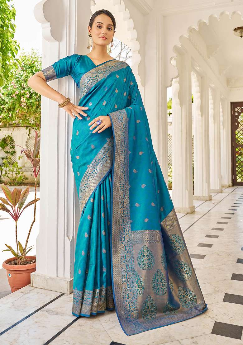 Blue Zari Woven Banarasi Silk Cotton Saree Set for Diwali | Wedding & Festive Wear - Indya