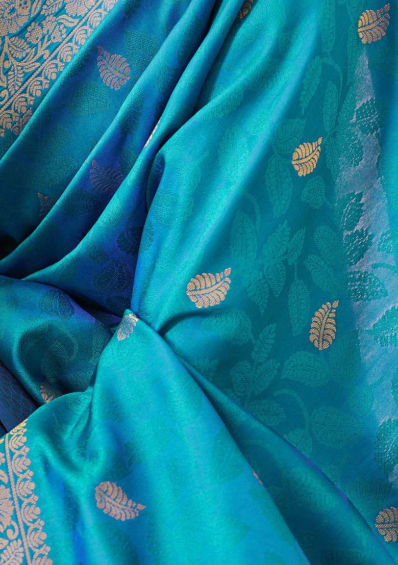 Blue Zari Woven Banarasi Silk Cotton Saree Set for Diwali | Wedding & Festive Wear - Indya