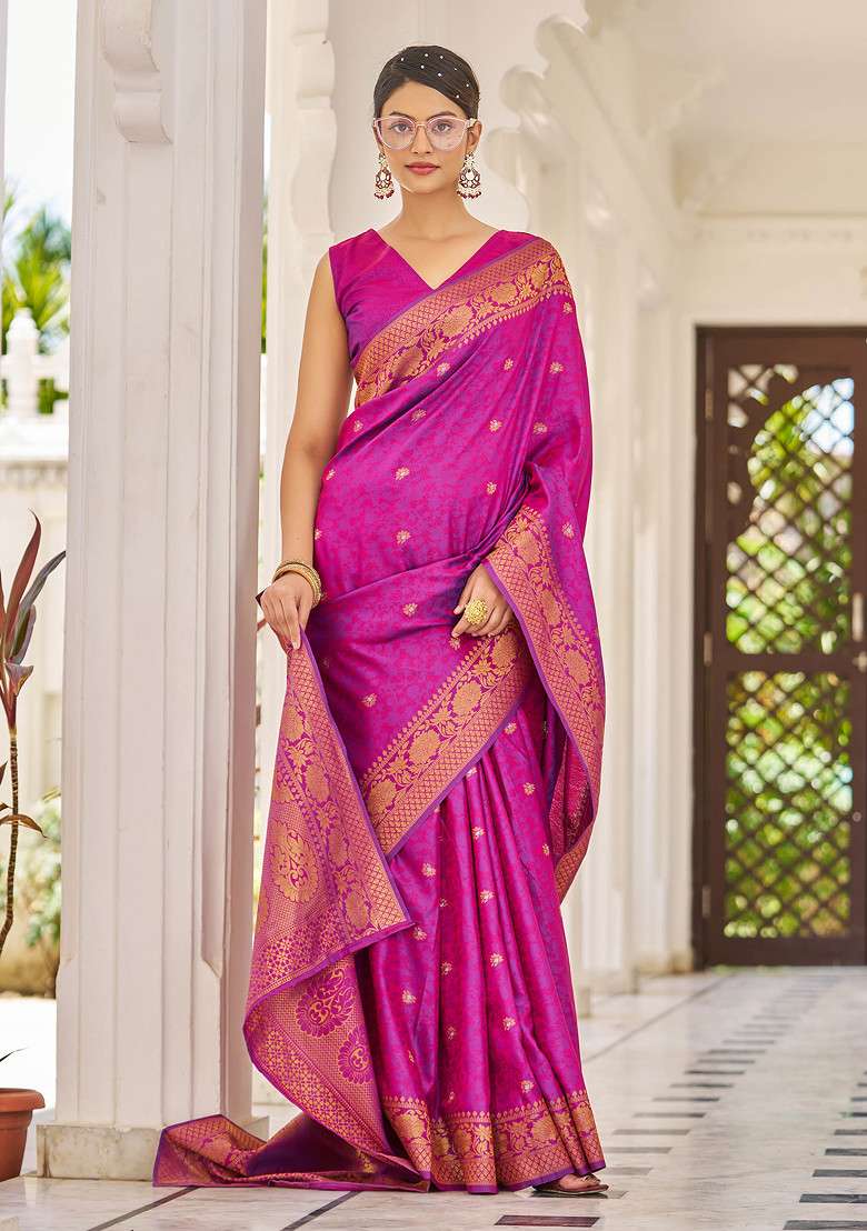 Pink Zari Woven Banarasi Cotton Silk Saree Set for Diwali and Festive Wear - Indya
