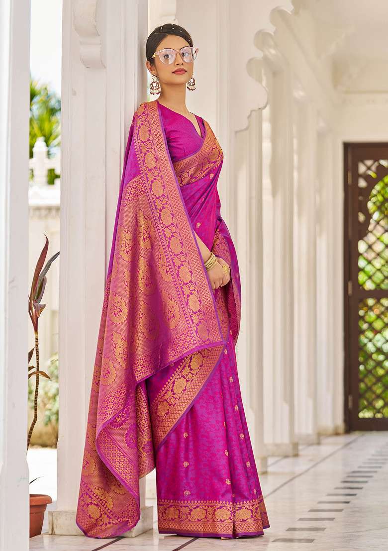 Pink Zari Woven Banarasi Cotton Silk Saree Set for Diwali and Festive Wear - Indya