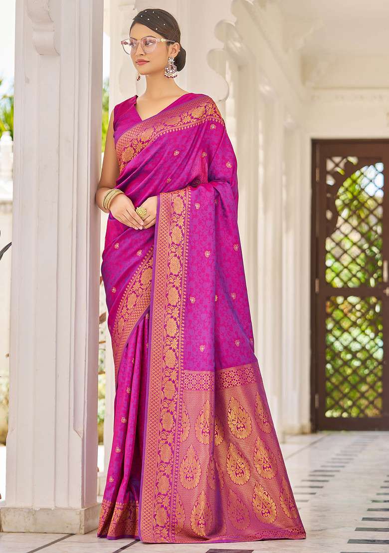 Pink Zari Woven Banarasi Cotton Silk Saree Set for Diwali and Festive Wear - Indya