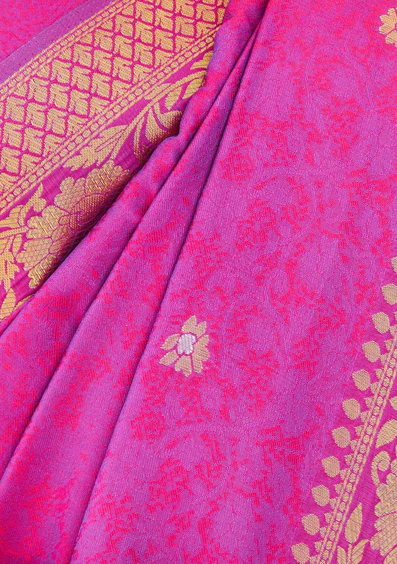 Pink Zari Woven Banarasi Cotton Silk Saree Set for Diwali and Festive Wear - Indya