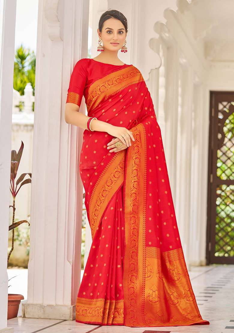 Red Zari Woven Banarasi Cotton Silk Blend Saree Set for Diwali | Wedding & Festive Wear - Indya