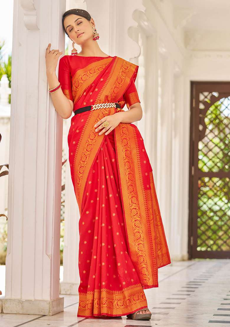 Red Zari Woven Banarasi Cotton Silk Blend Saree Set for Diwali | Wedding & Festive Wear - Indya