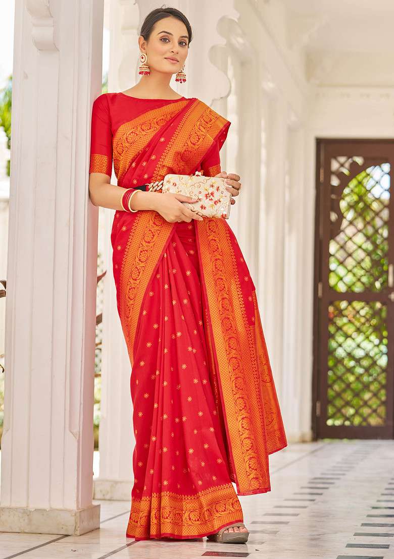 Red Zari Woven Banarasi Cotton Silk Blend Saree Set for Diwali | Wedding & Festive Wear - Indya
