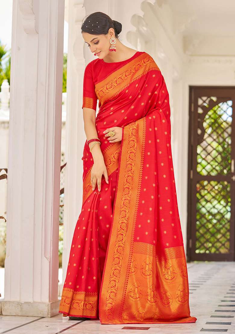 Red Zari Woven Banarasi Cotton Silk Blend Saree Set for Diwali | Wedding & Festive Wear - Indya