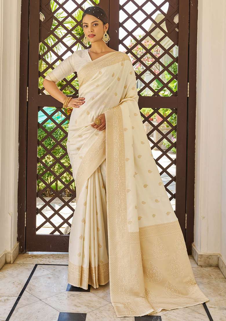 White Zari Woven Banarasi Cotton Silk Saree Set for Diwali and Festive Wear - Indya