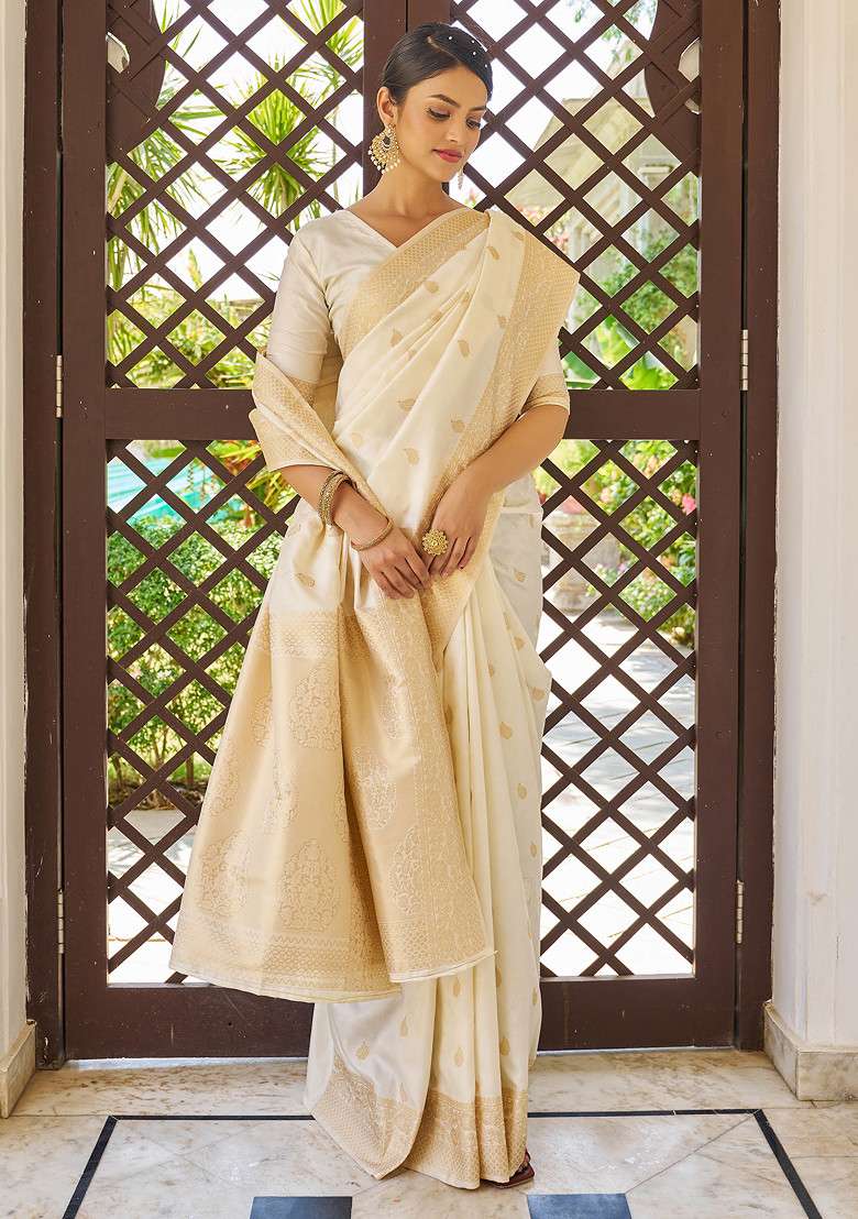 White Zari Woven Banarasi Cotton Silk Saree Set for Diwali and Festive Wear - Indya