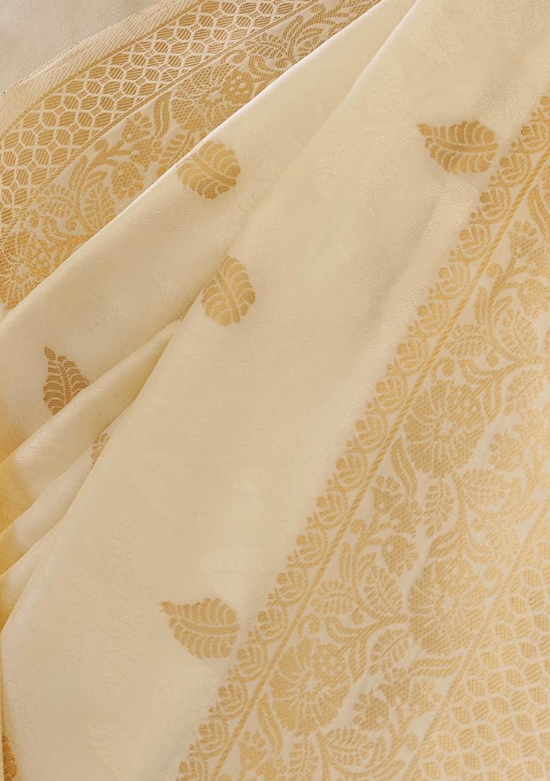 White Zari Woven Banarasi Cotton Silk Saree Set