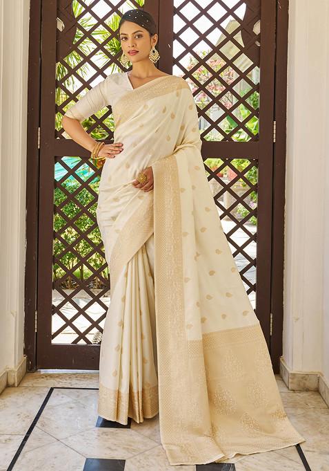 White Zari Woven Banarasi Cotton Silk Saree Set