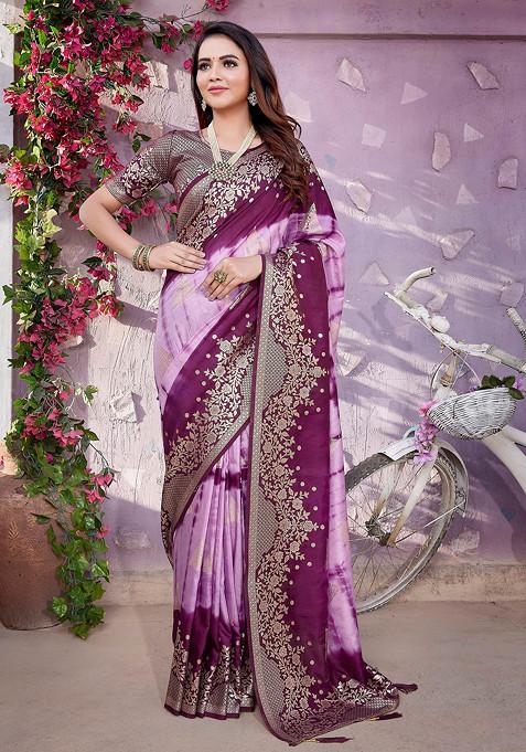 Purple Zari Woven Work Viscose Saree Set