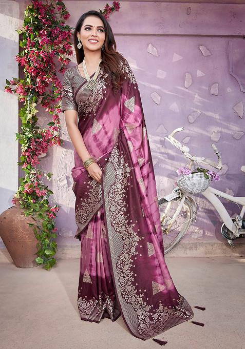 Rani Pink Zari Woven Work Viscose Saree Set