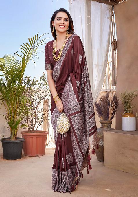 Maroon Zari Woven Work Viscose Saree Set