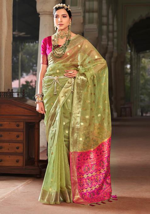 Green Zari Woven Work Banarasi Cotton Silk Saree Set