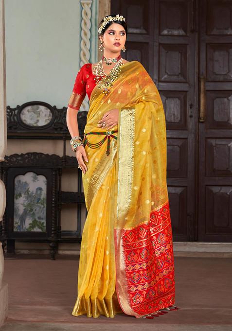 Yellow Zari Woven Work Banarasi Cotton Silk Saree Set