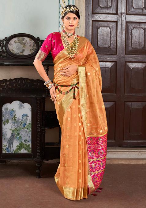 Orange Zari Woven Work Banarasi Cotton Silk Saree Set