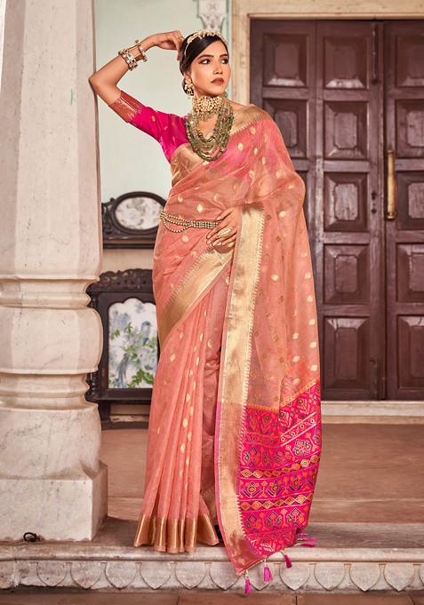 Peach Zari Woven Work Banarasi Cotton Silk Saree Set