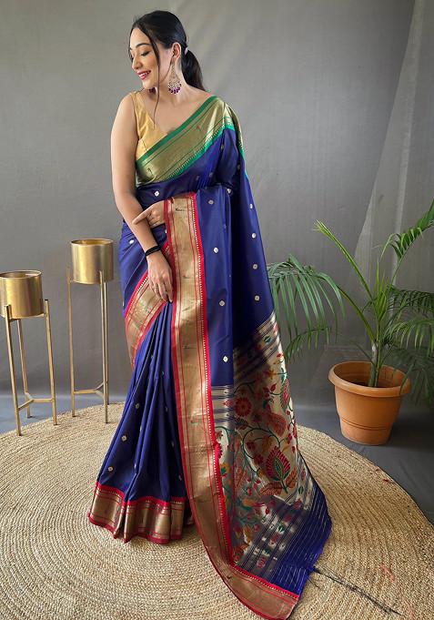 Royal Blue Zari Woven Work Paithani Silk Saree Set