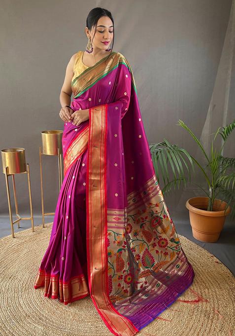 Rani Pink Zari Woven Work Paithani Silk Saree Set