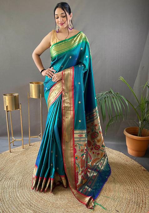 Teal Zari Woven Work Paithani Silk Saree Set