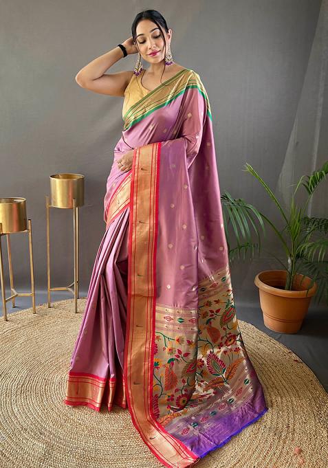 Pink Zari Woven Work Paithani Silk Saree Set