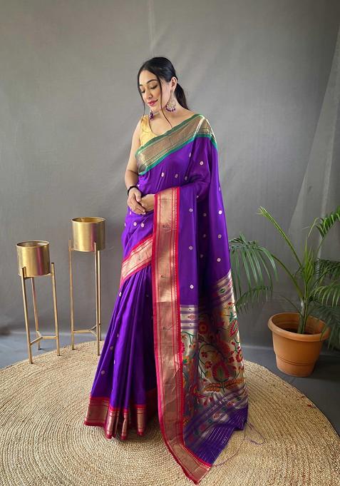 Purple Zari Woven Work Paithani Silk Saree Set