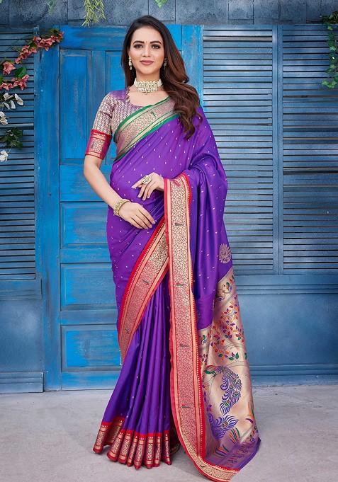 Purple Zari Woven Work Paithani Silk Saree Set