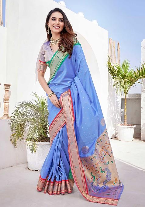 Sky Blue Zari Woven Work Paithani Silk Saree Set