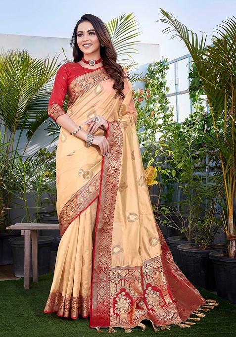 Cream Zari Woven Work Khicha Silk Saree Set